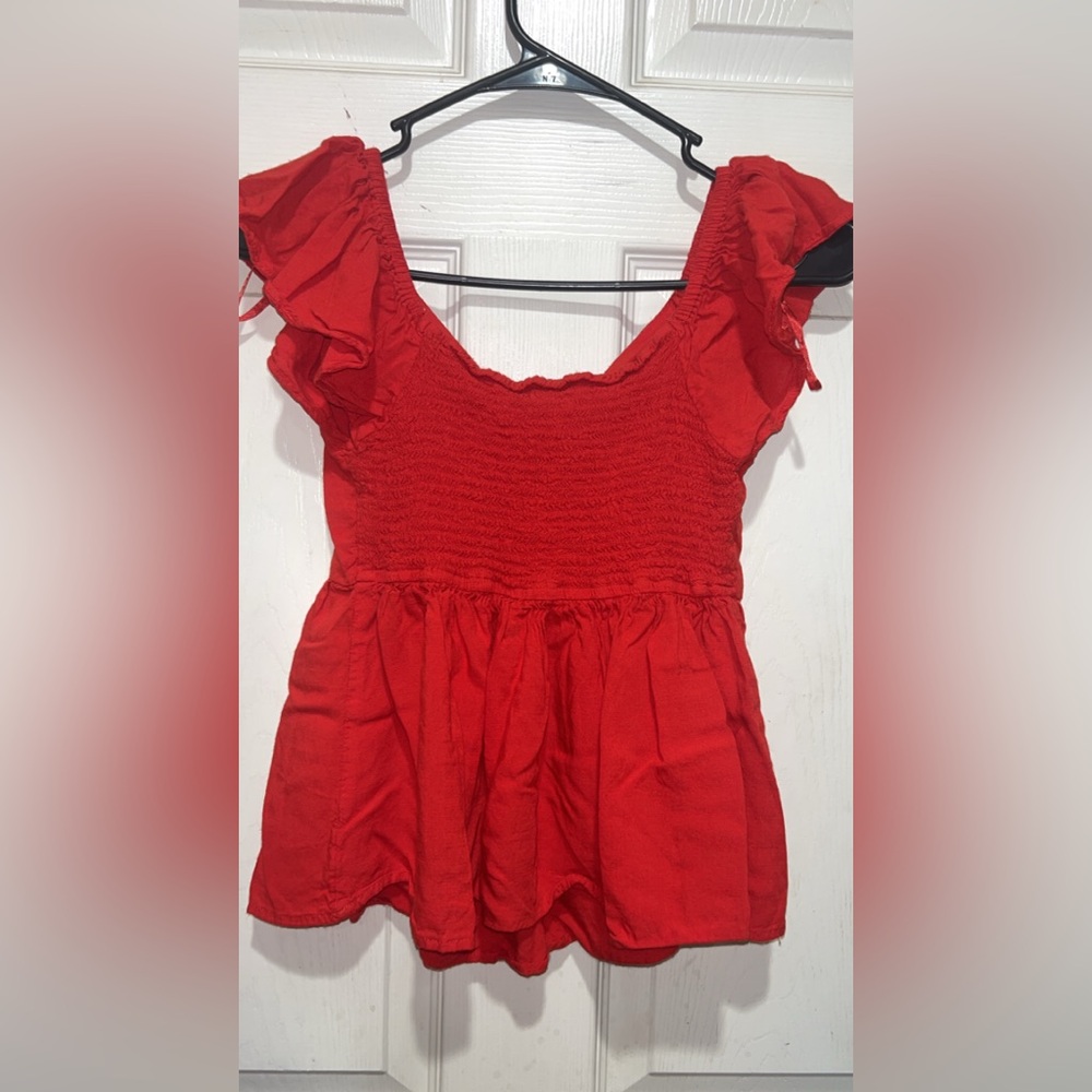 Women's Red Ruffle Sleeve Top - Picture 4 of 5